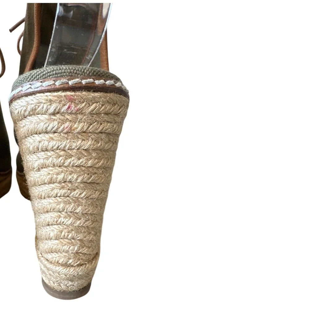 Tory‎ Burch Blair Wedge Lace Up Espadrilles Olive Canvas Size 8